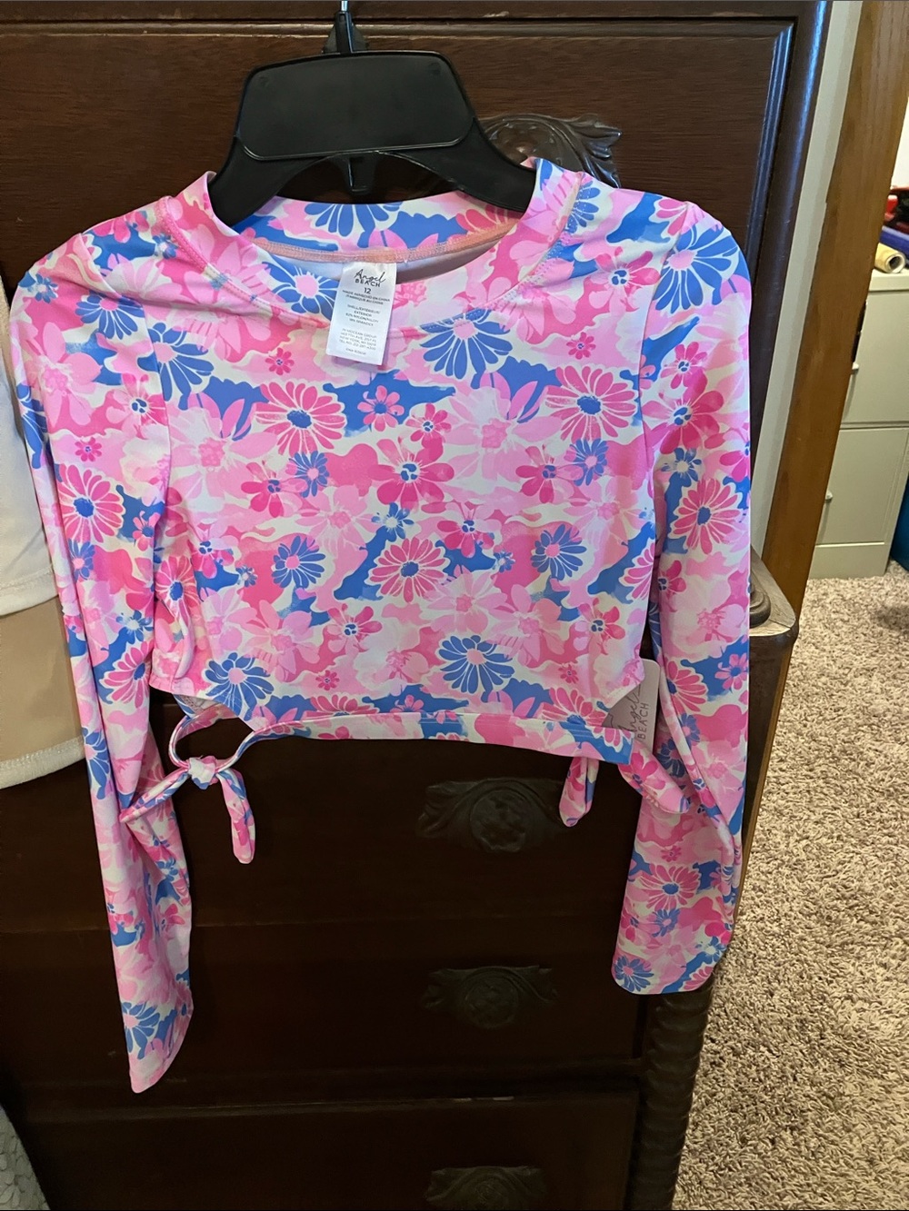 Angel Pink Floral Long-Sleeve Rash Cropped Top with Blue Accents